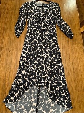 GAP Black White Abstract Floral Ruched Puff Sleeve Midi Dress Small